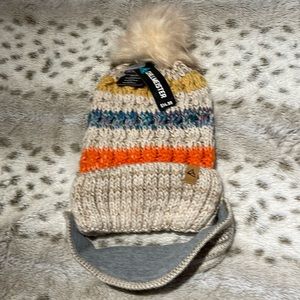 Unisex, One size Knit, multicolor beanie with flap to cover mouth and pompom top